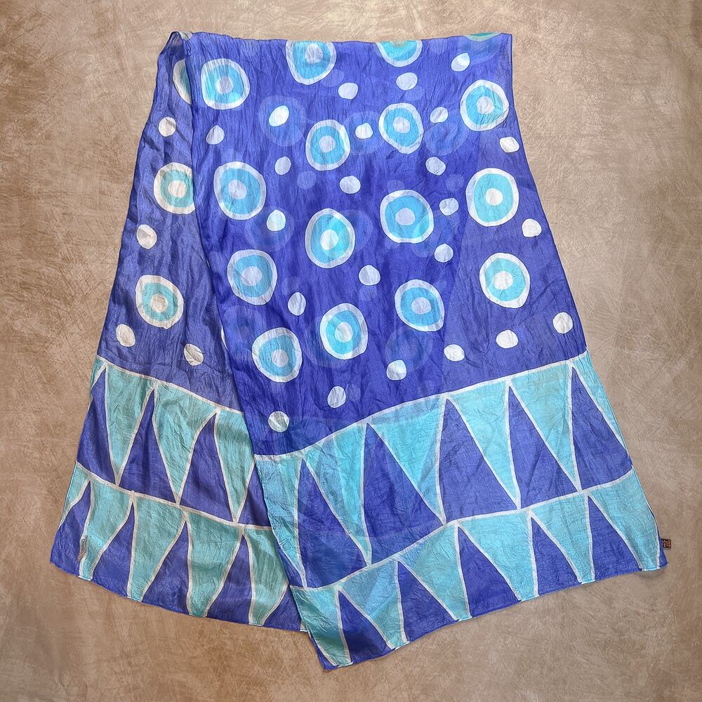 Geometric Satin Scarf Blue Rectangle Polka Dot Circle Triangle Boho Festival Mod